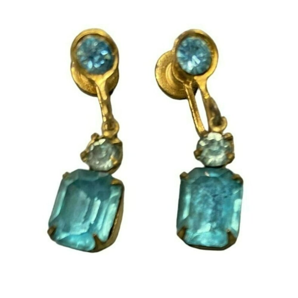 Vintage Gold-Tone Screw-Back Earrings With Blue Glass Stones